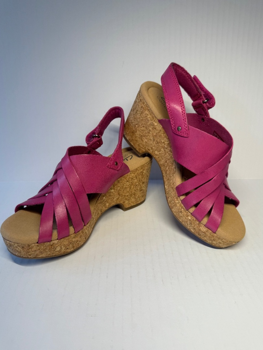 Clarks Pink Leather Wedge Sandals Cork Heel Size 6 Comfort Slingback NWOB